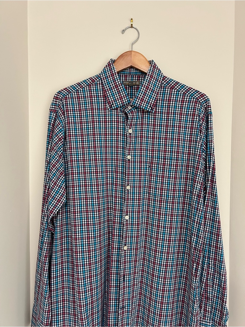 Peter Millar Teal, Navy & Red Plaid Button-Down Shirt